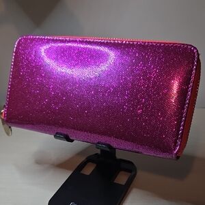 Deux Lux Glitter Pink Full Zip Wallet w Taupe & Gold Polka Dot Lining